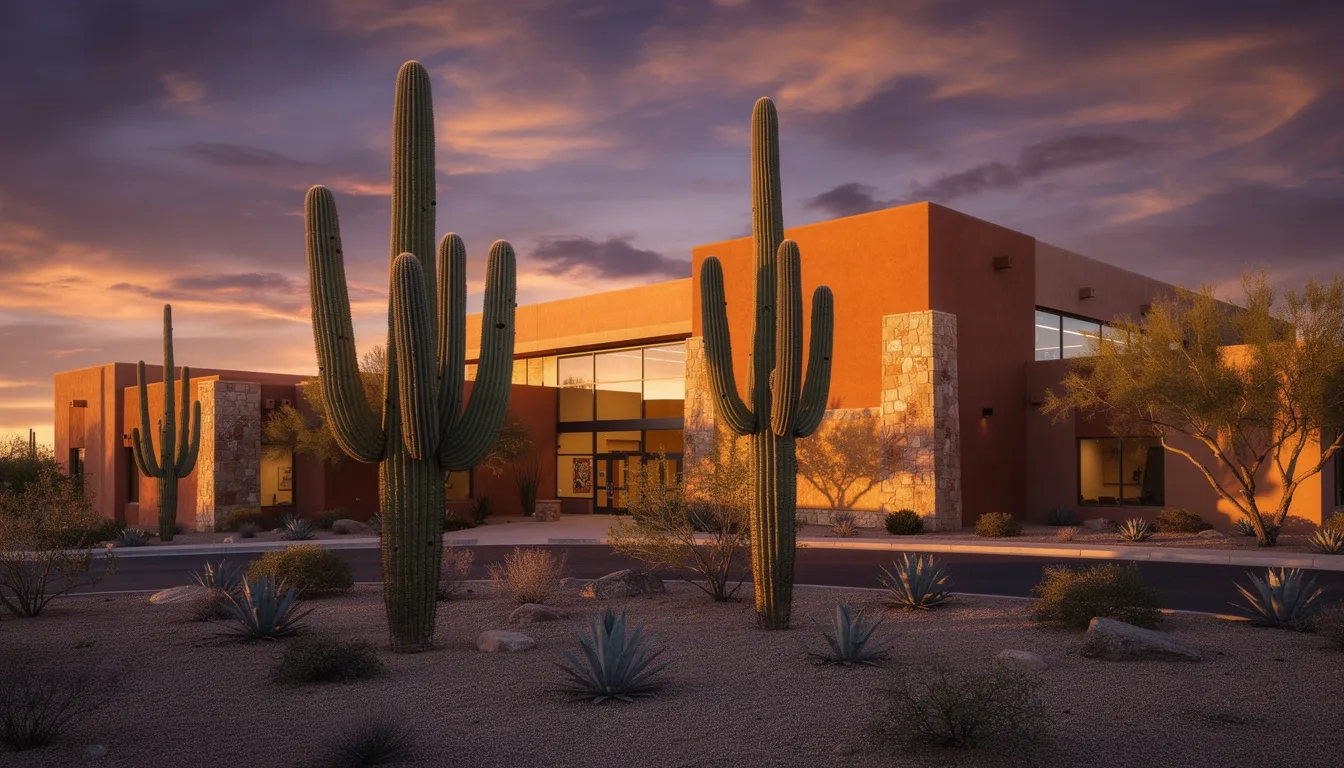 Desert university campus with saguaro cacti at sunset in Arizona