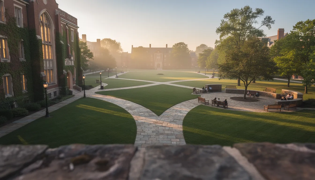 Two pathways through a university campus converging into one at sunset
