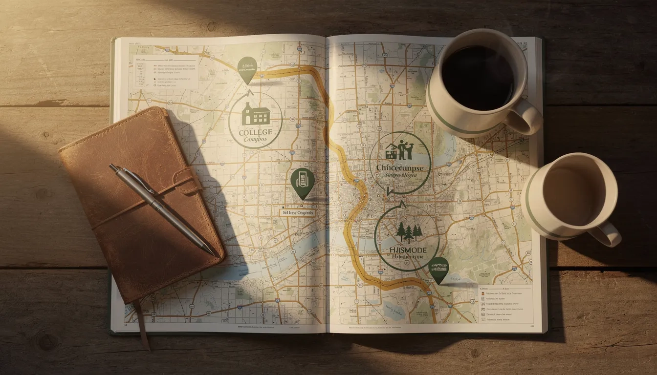 Road atlas and notebook laid out on a desk for planning a college visit road trip