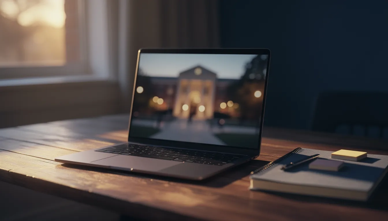Laptop displaying a glowing virtual college campus tour at dusk