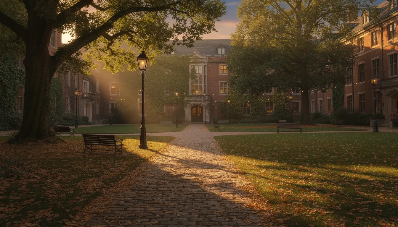 Empty university quadrangle at golden hour, symbolizing the search for authentic campus culture