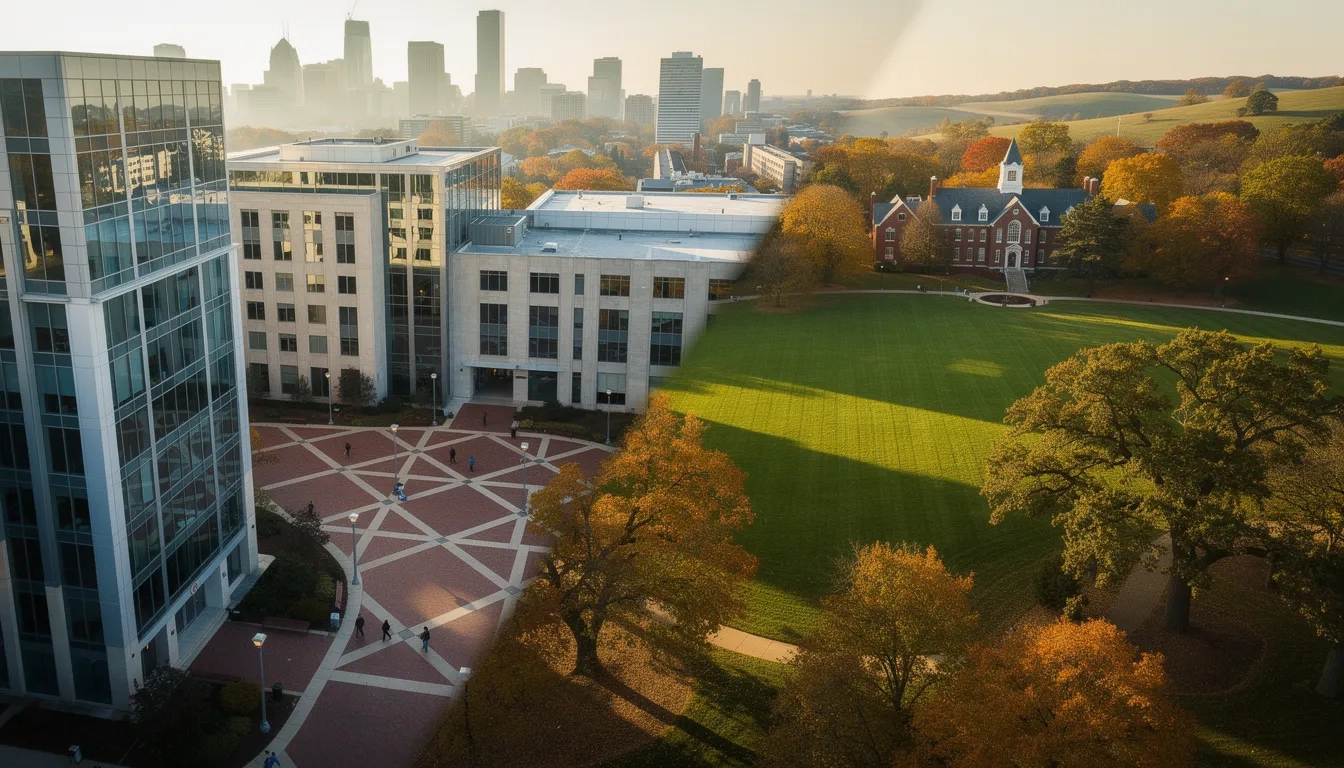 Split view comparing an urban college campus with city buildings to a rural campus with green open lawns