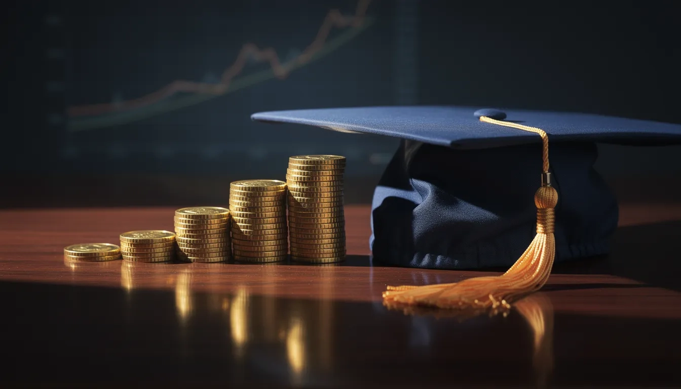 Graduation cap and stacked coins symbolizing college return on investment