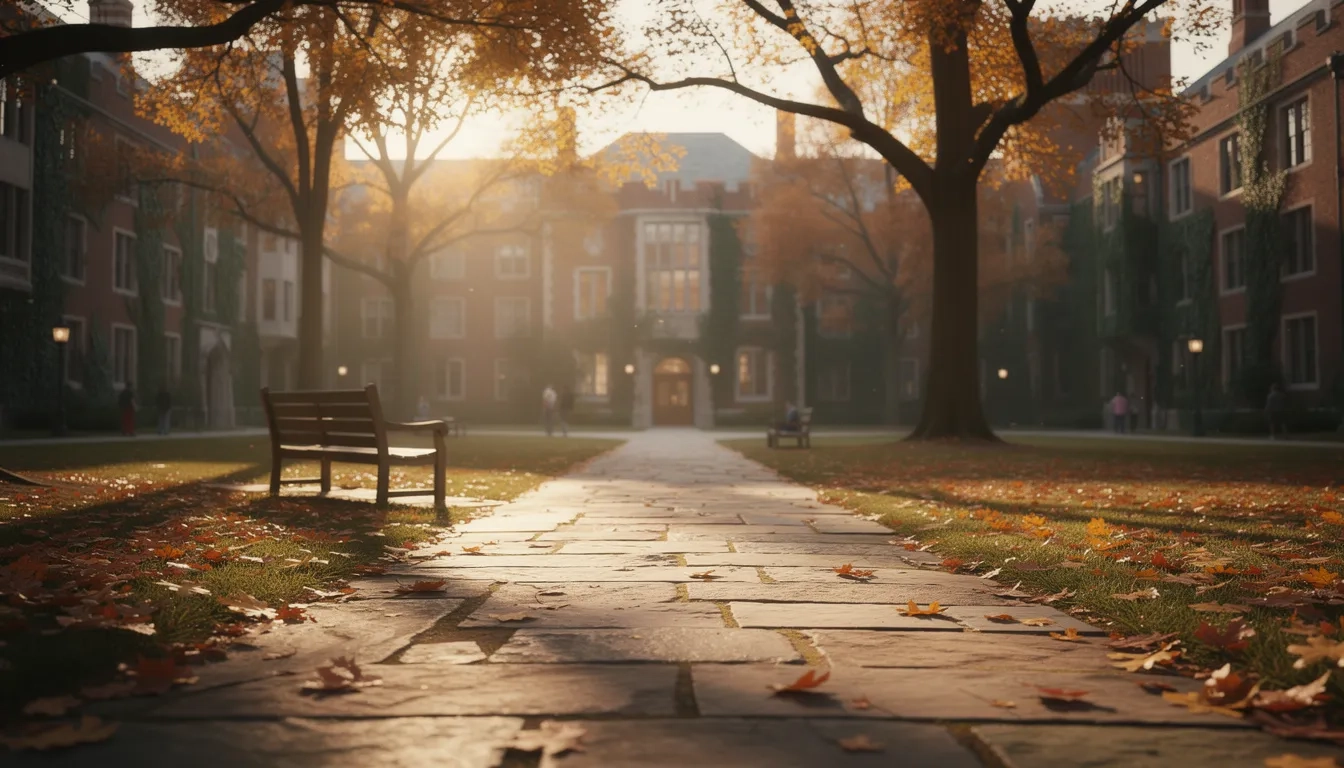 Sunlit university quad with stone pathways and ivy-covered buildings in autumn
