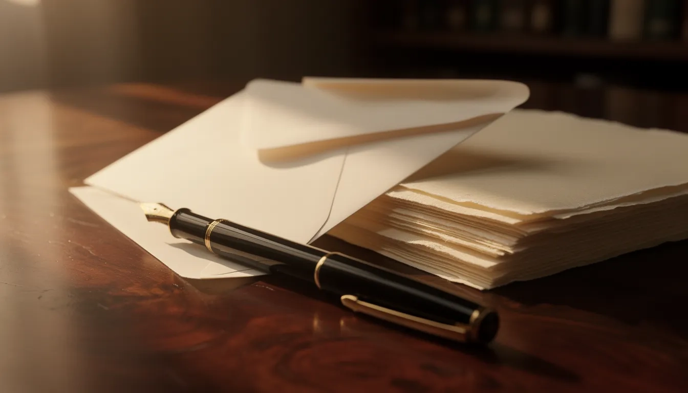 A stationery envelope and fountain pen on a wooden desk, evoking letter writing