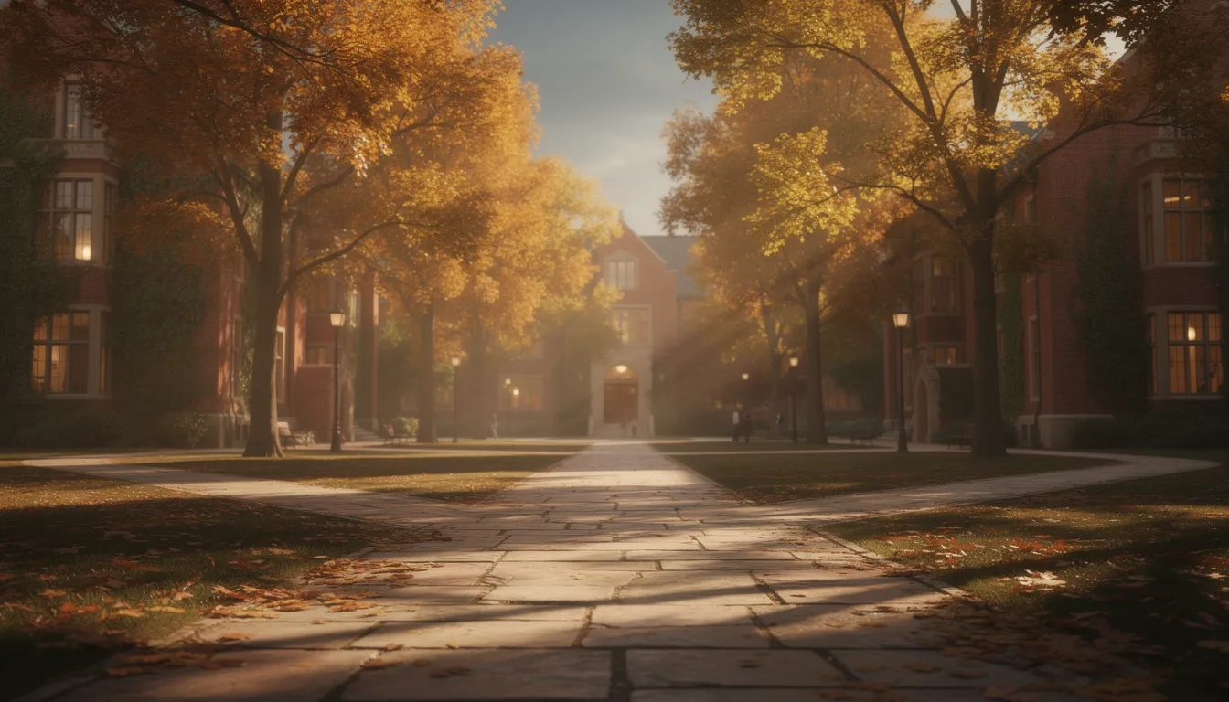 Tree-lined university quad at golden hour with paths diverging toward historic academic buildings