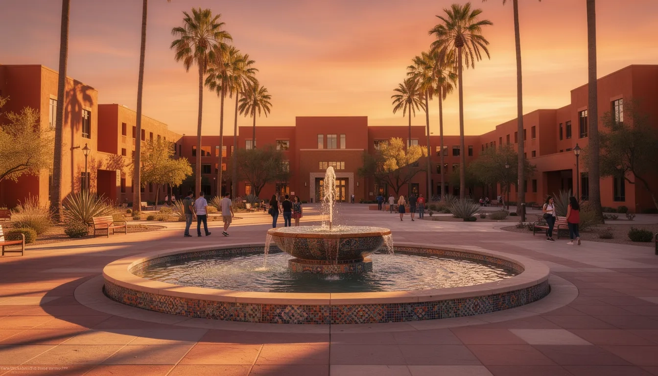 Desert university plaza with fountain and palm trees at sunset in Arizona