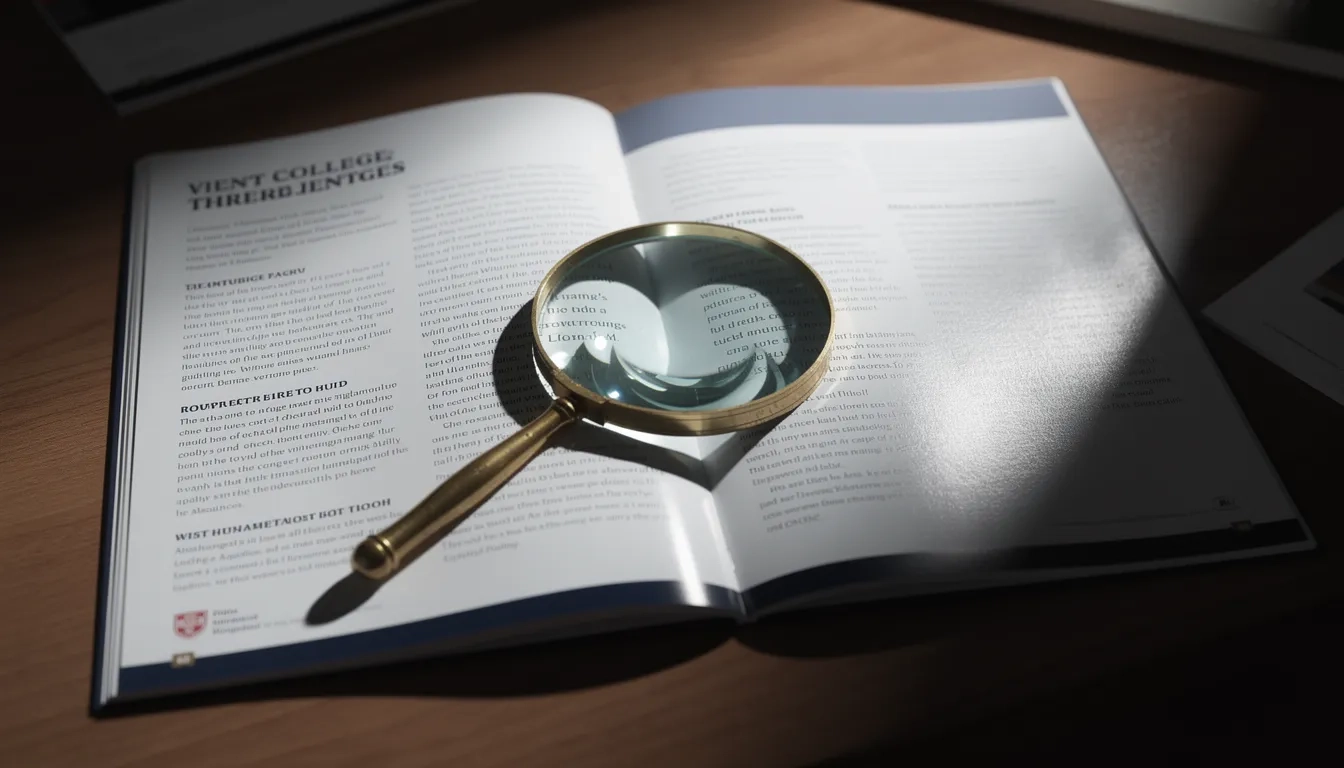 Magnifying glass over an open college brochure representing careful scrutiny of marketing claims