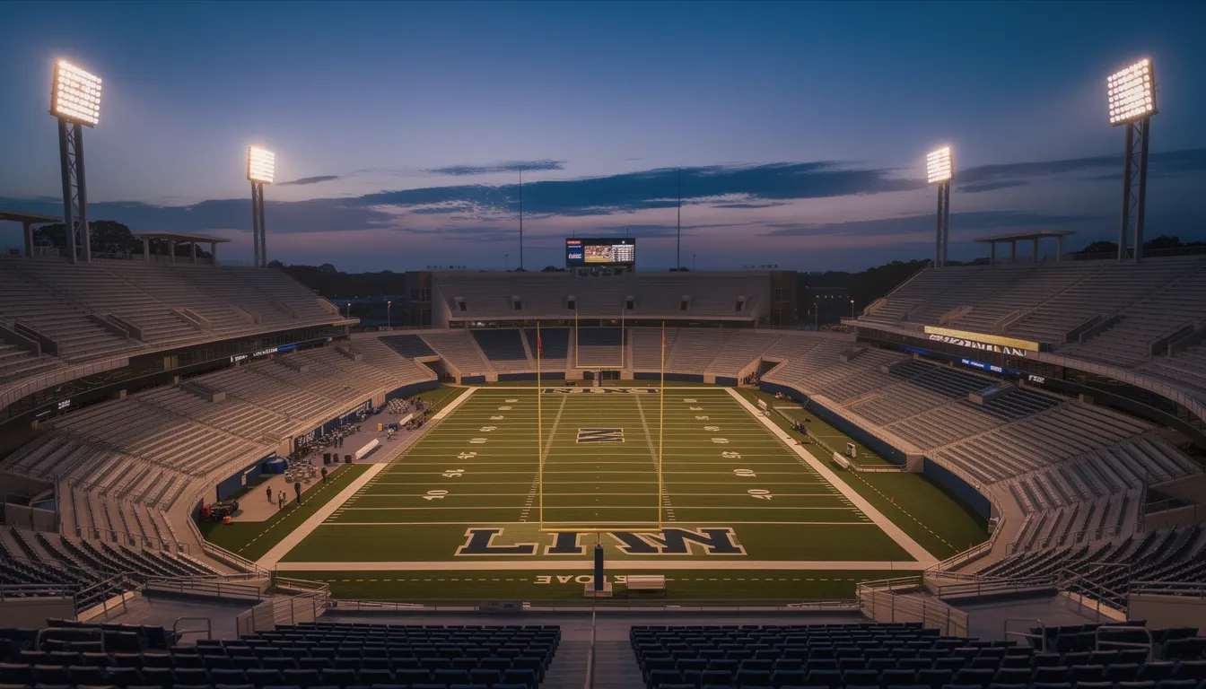 Empty college football stadium at dusk with stadium lights glowing