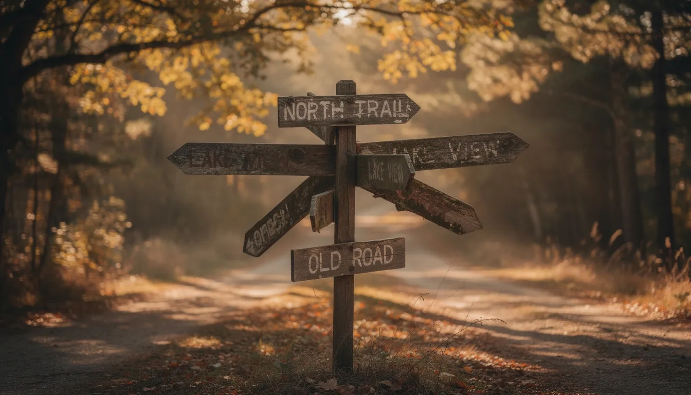A signpost at a forked path in a sunlit forest, symbolizing an undecided choice ahead