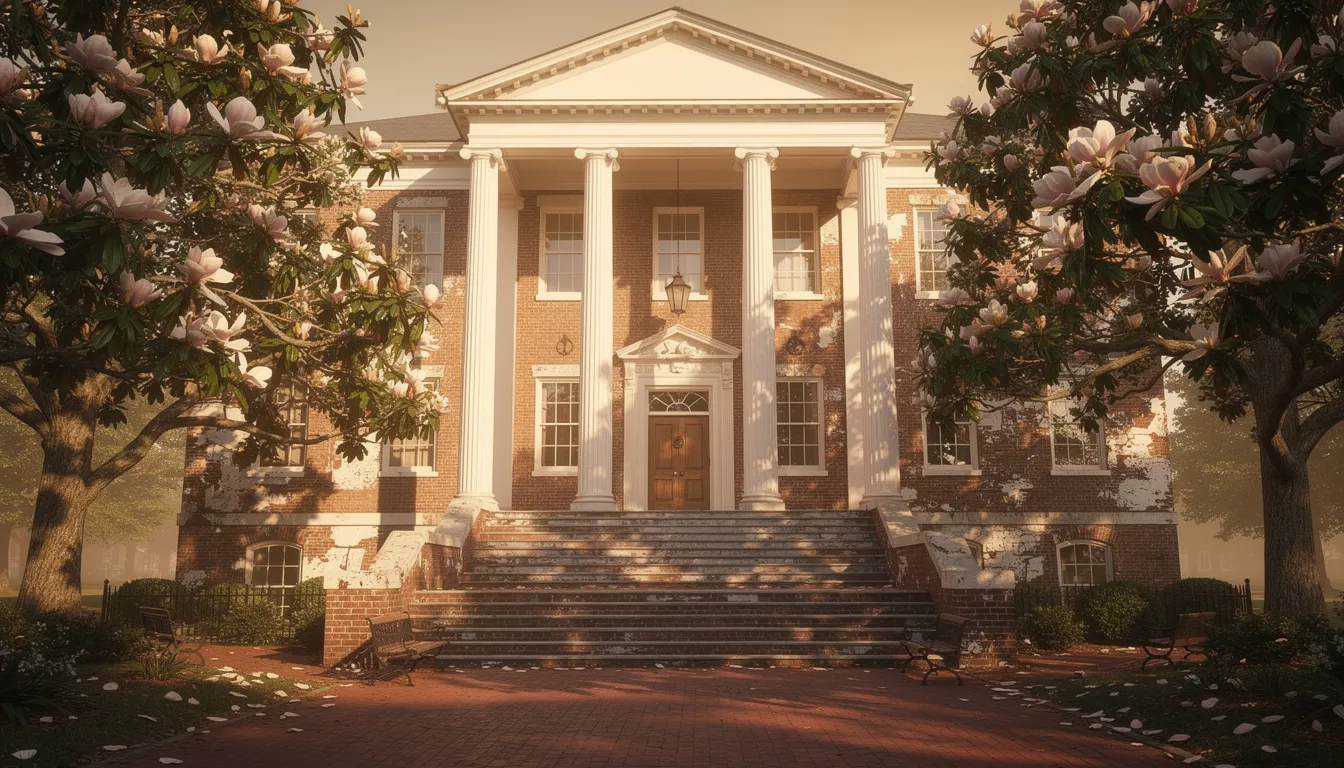 Southern university building with white columns and magnolia trees