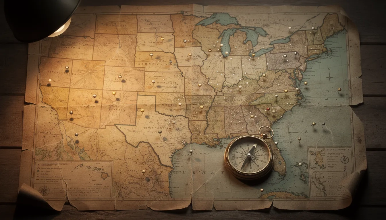 Map with pins marking Alabama college locations and a brass compass