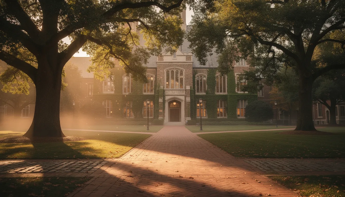 Sunlit university quad with tree-lined pathways leading to a historic academic building