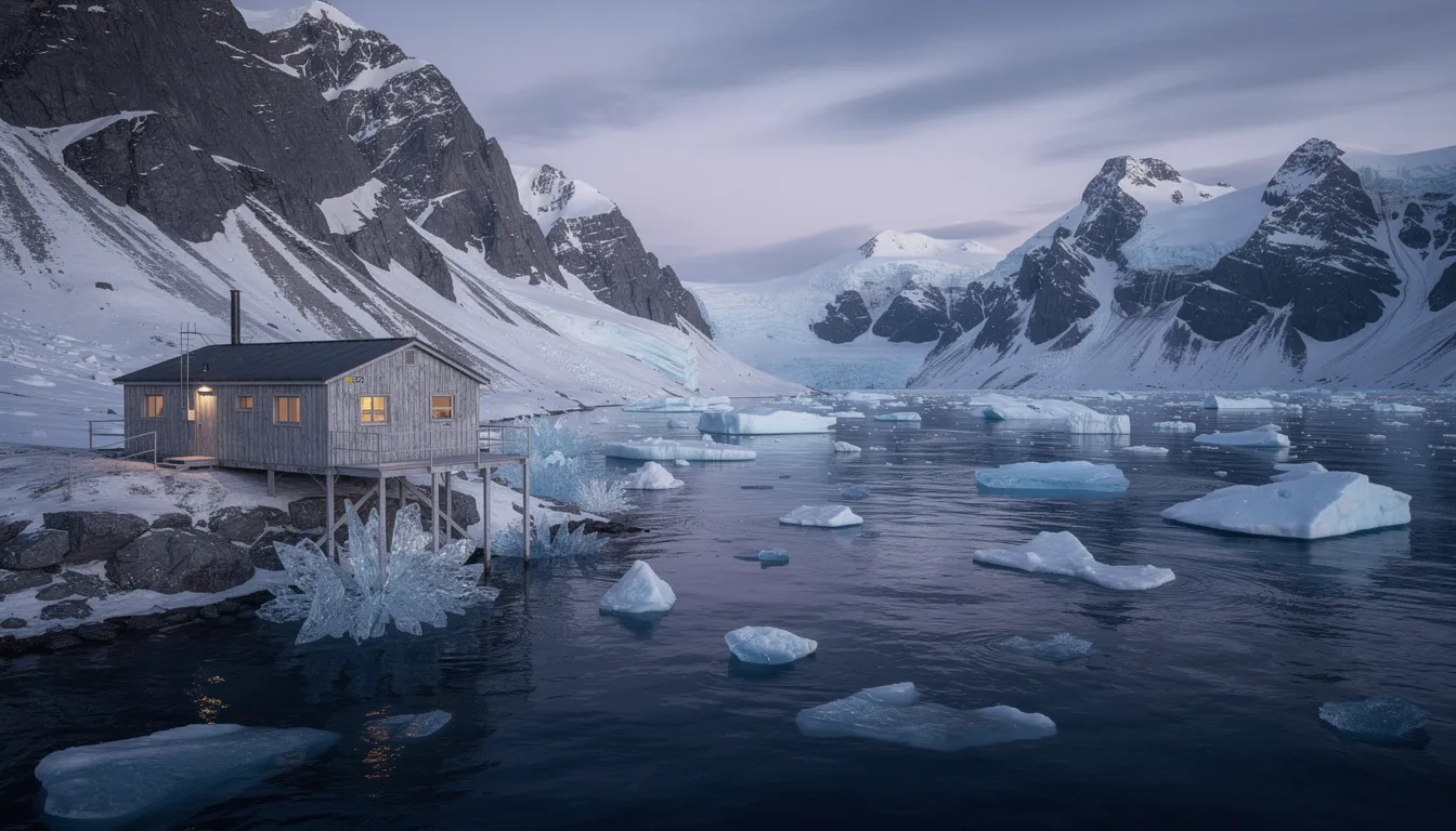Research outpost beside a glacial fjord representing Alaska's research programs