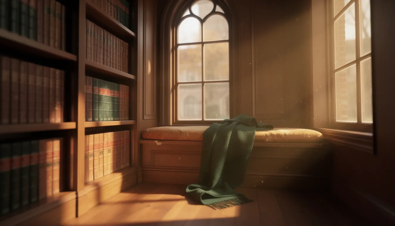 A quiet, sunlit library reading nook with a window seat, symbolizing an introvert-friendly college environment