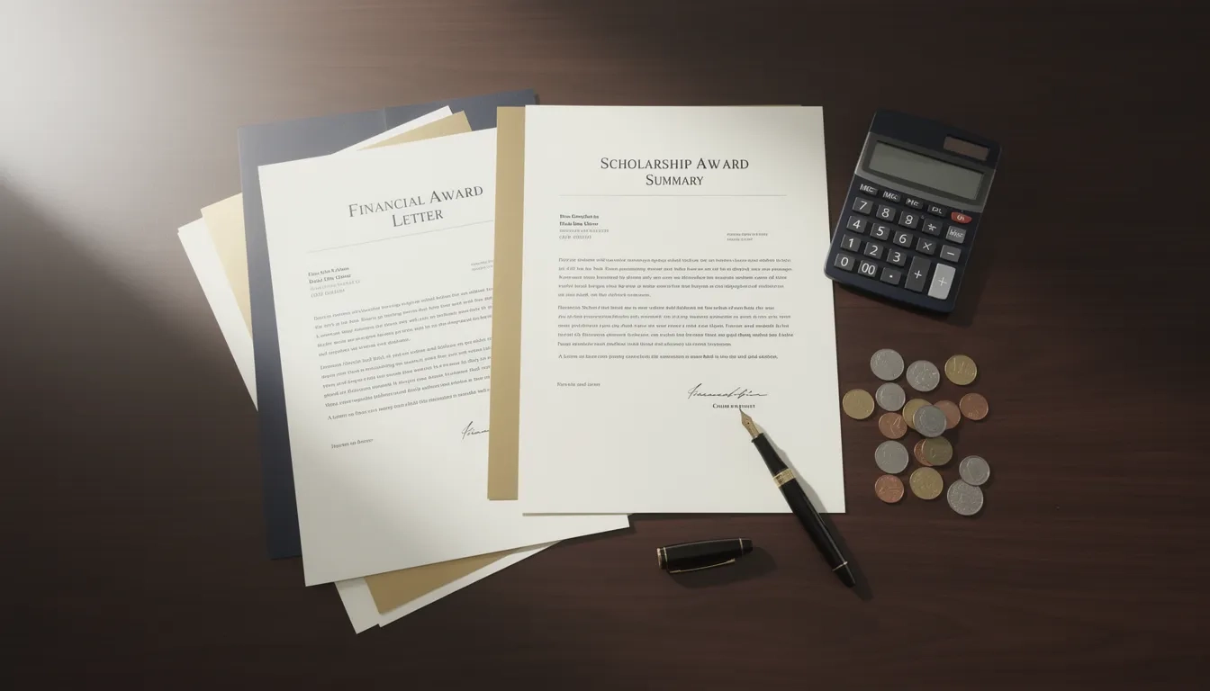 Two stacks of financial documents and a calculator on a wooden desk, symbolizing comparing college financial aid offers