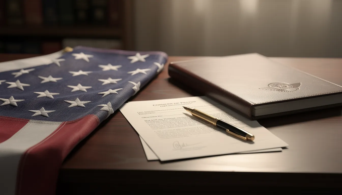 Folded flag and formal document on a wooden desk symbolizing a military service contract