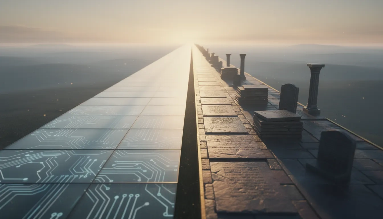 Two diverging symbolic paths representing different career routes, one modern and tech-inspired, the other classical and academic