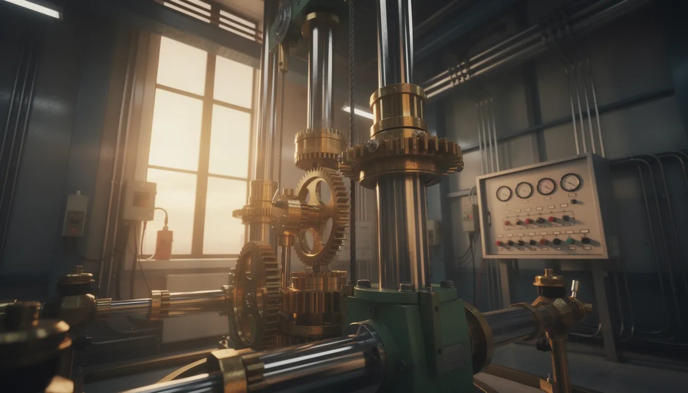 Industrial elevator machine room with steel cables and hoist mechanery in golden light