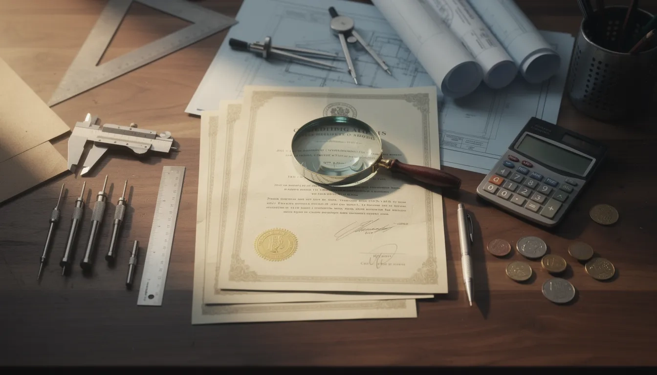 Workbench with tools, certificates, and a magnifying glass symbolizing careful evaluation of trade school options