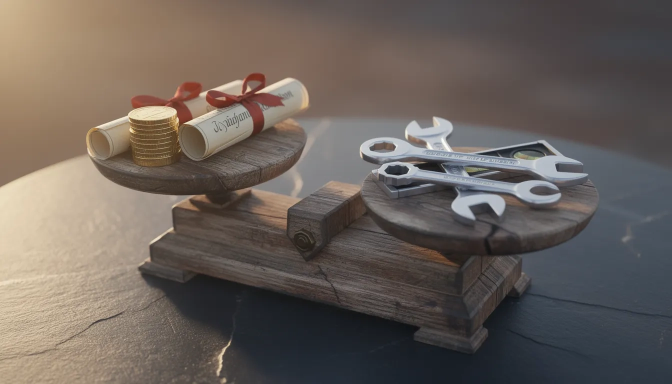 Balance scale weighing coins and diploma against tools, symbolizing trade school versus college cost comparison