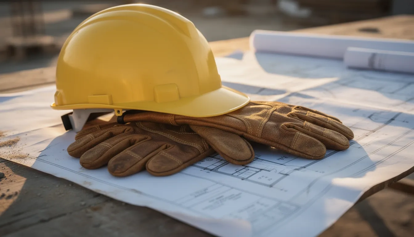 A hard hat and work gloves resting on blueprints