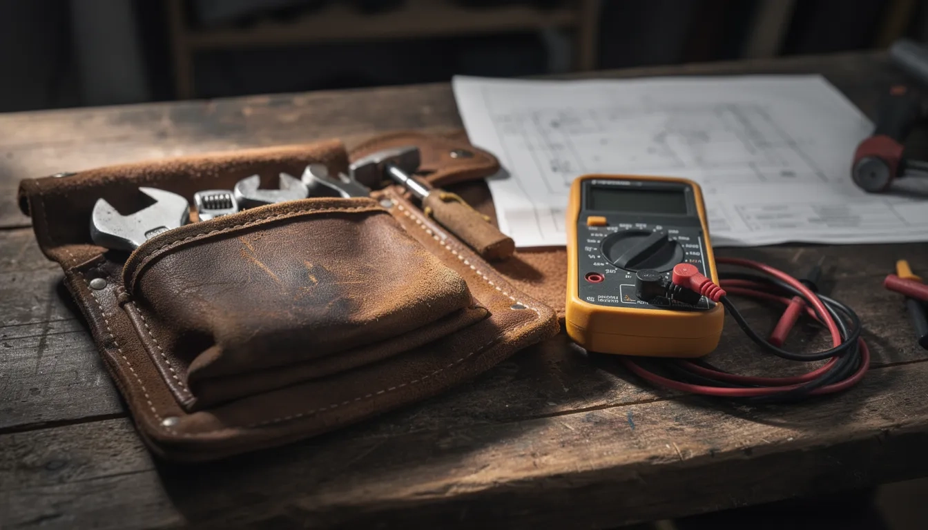 An electrician's tool pouch and multimeter on a table