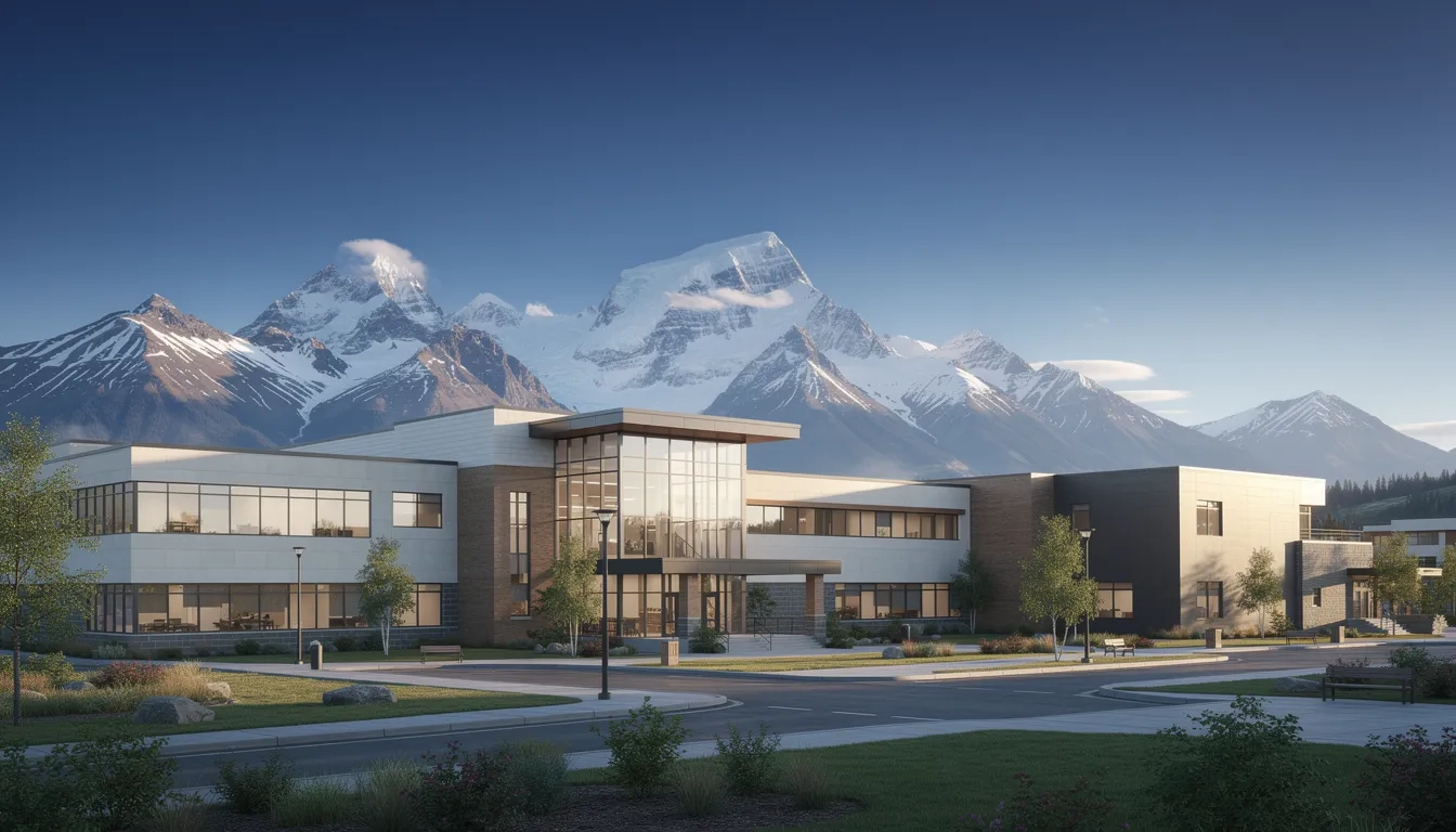 A community college building with mountain peaks in the background