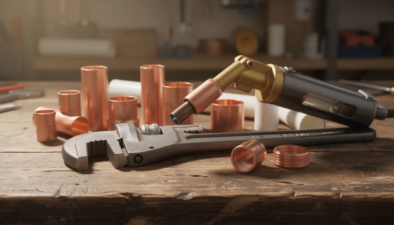 Copper and PVC pipe fittings on a plumbing workbench