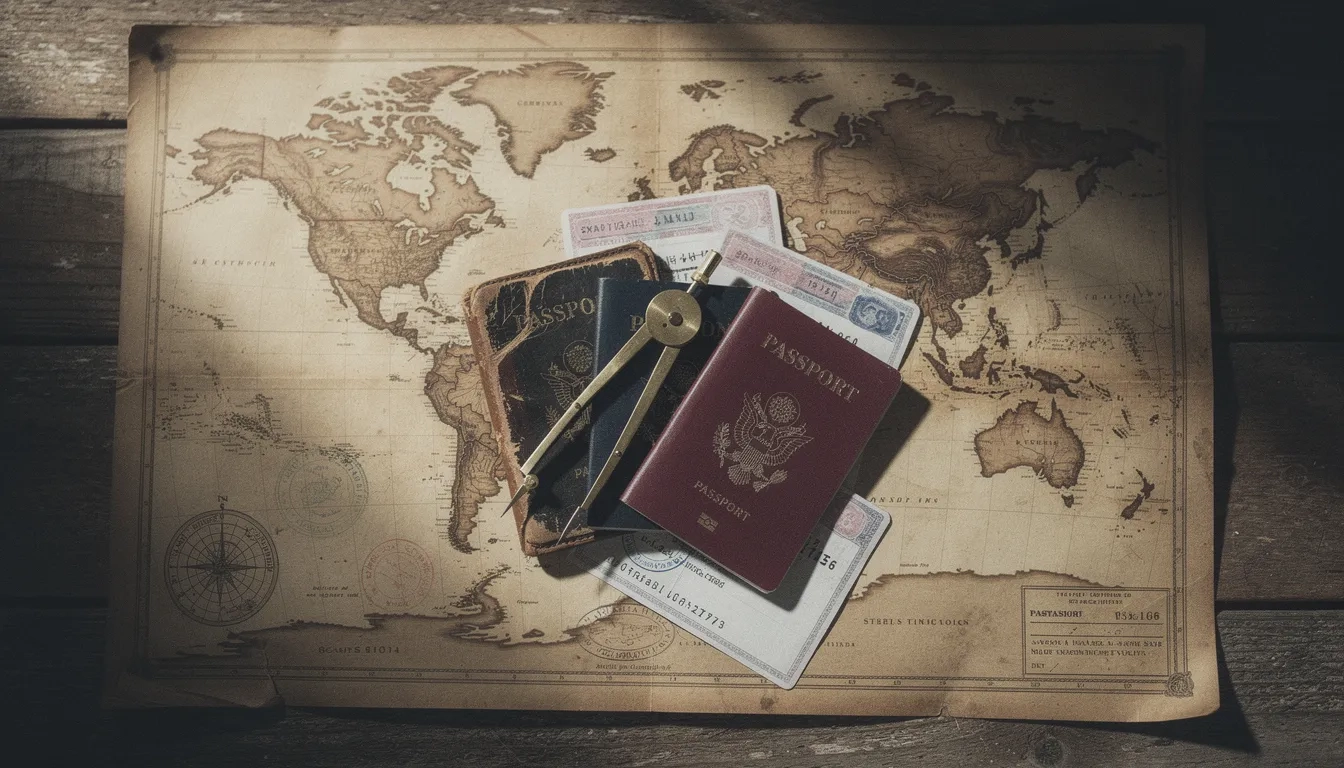 World map with passports and documents representing international study decisions