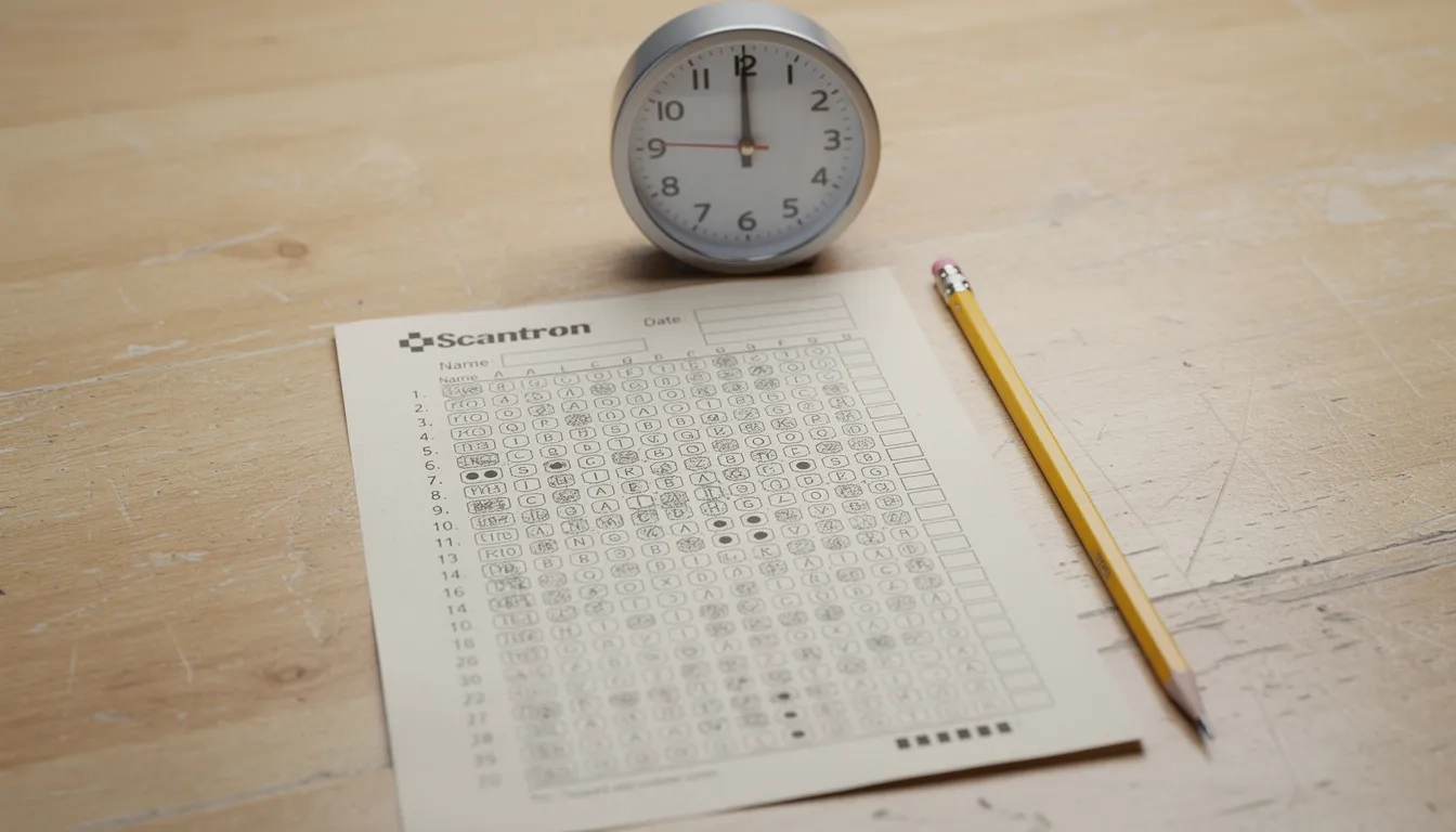 Answer sheet, pencil, and clock representing testing out of a college course by exam
