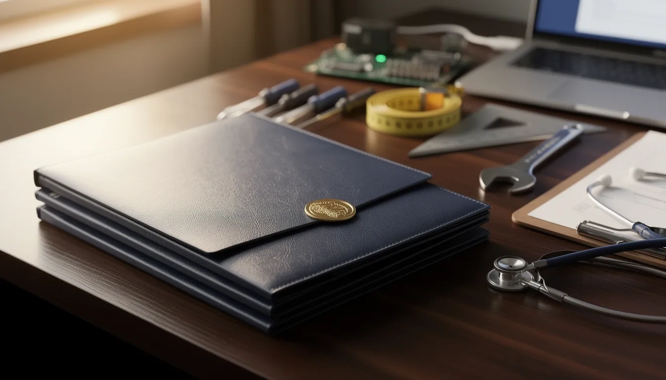 Stack of professional certificate folders on a wooden desk in warm lighting
