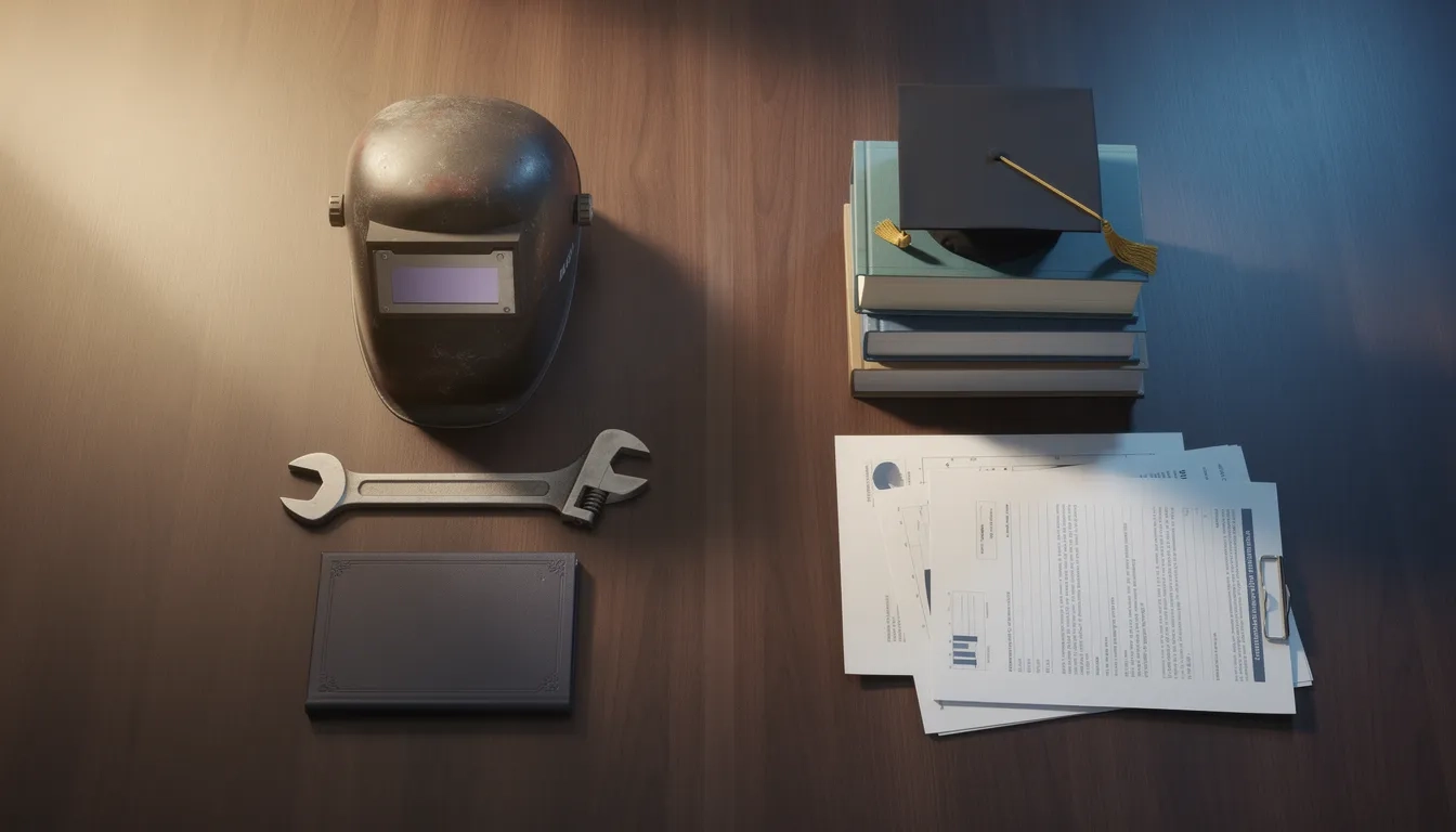 Split composition symbolizing the choice between a technical certificate and an associate degree path