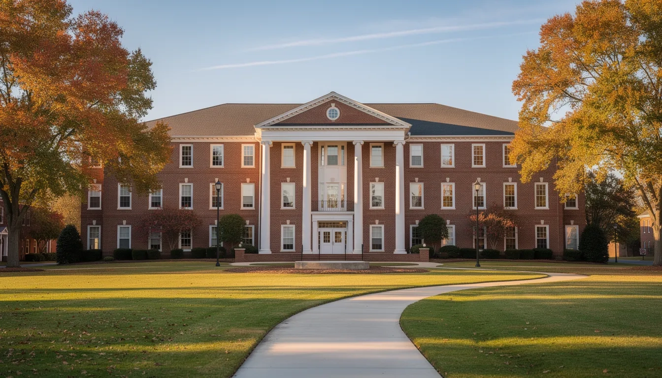 A red-brick community college building with green lawns