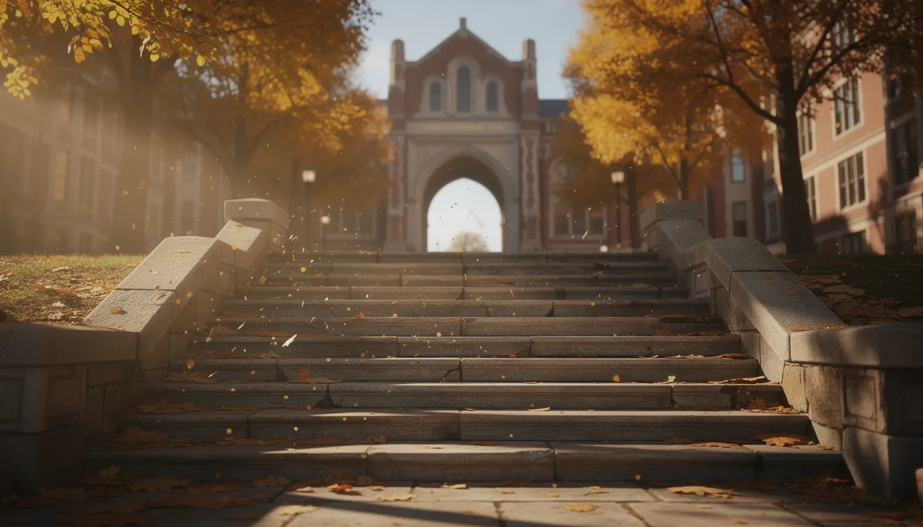 Stone stairway ascending between academic buildings, symbolizing the path from community college to university