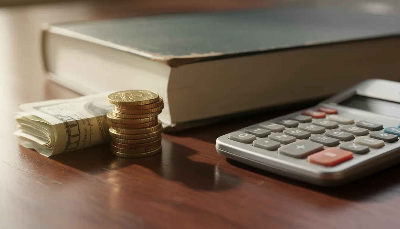Coins and a textbook representing money saved through CLEP and DSST exam credit
