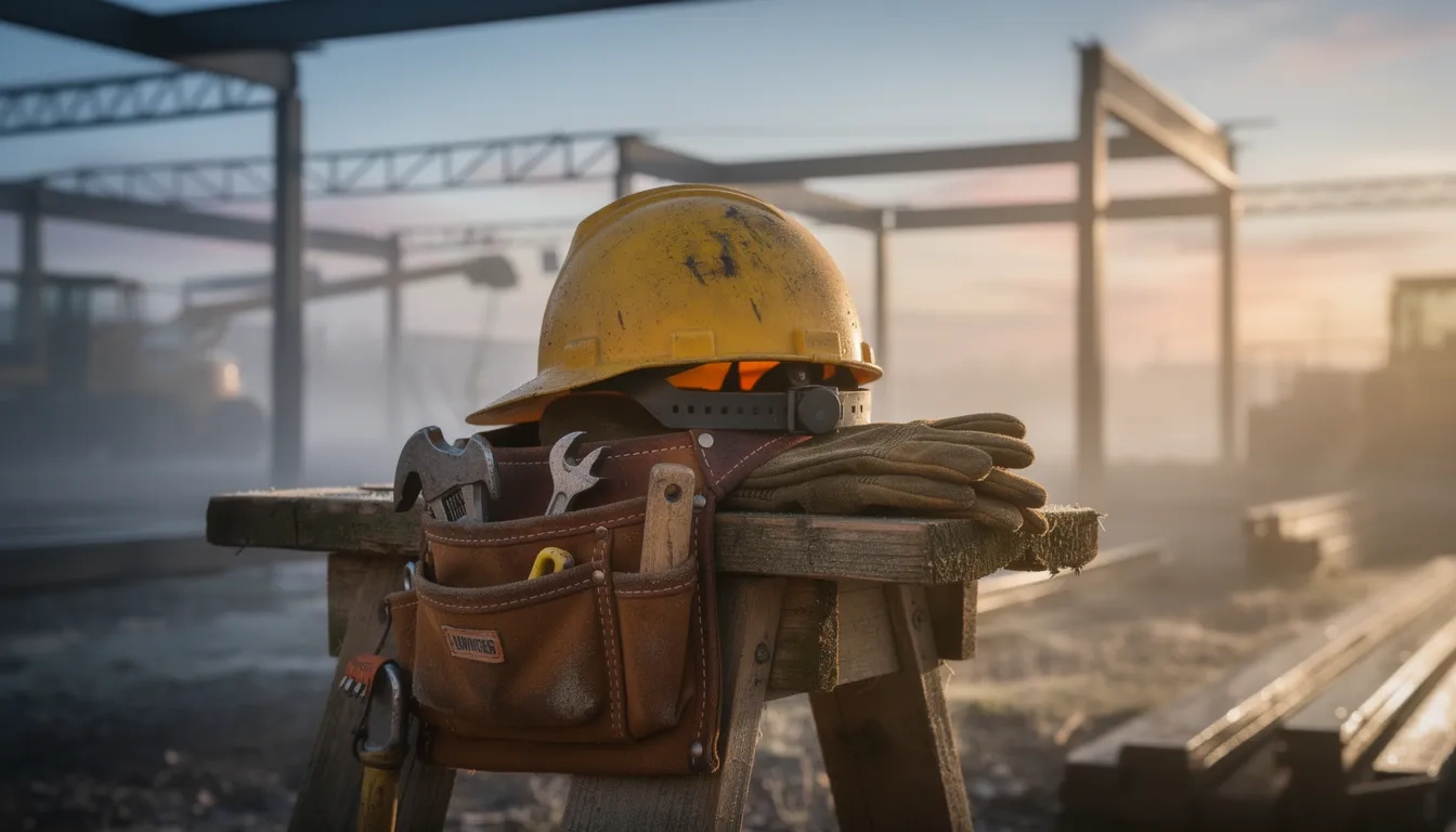 Hard hat and tool belt on a job site representing a union apprenticeship training program