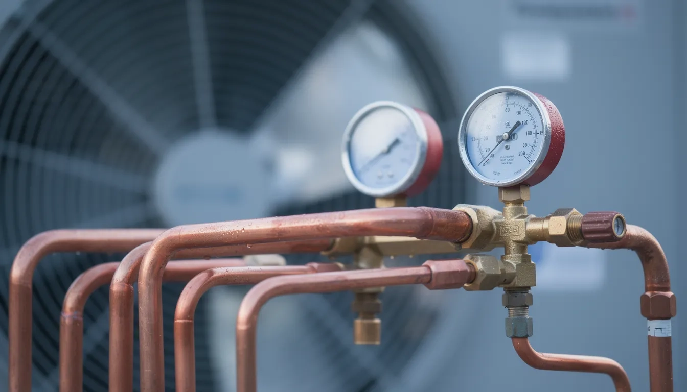 HVAC copper refrigerant lines and gauges on a condenser unit
