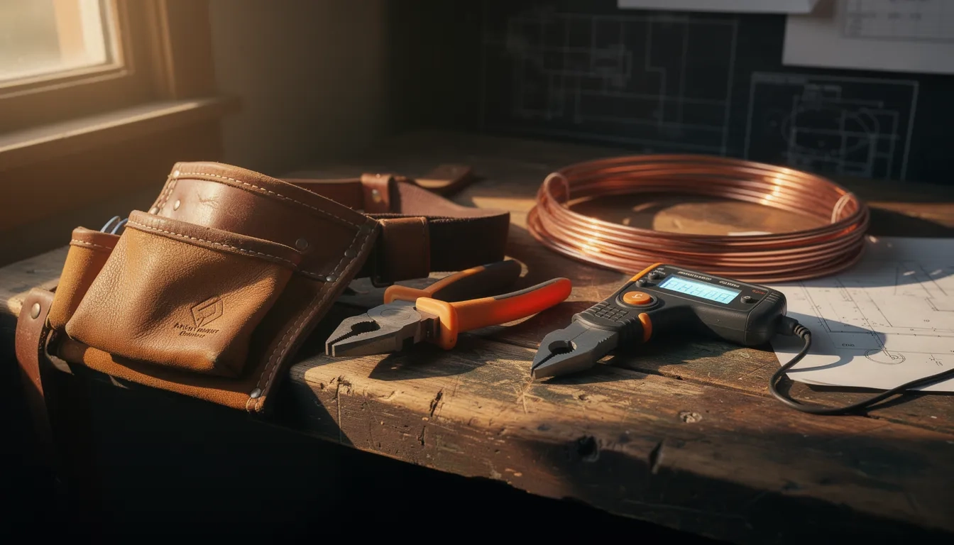 Tools of the electrician trade arranged on a workbench in warm light
