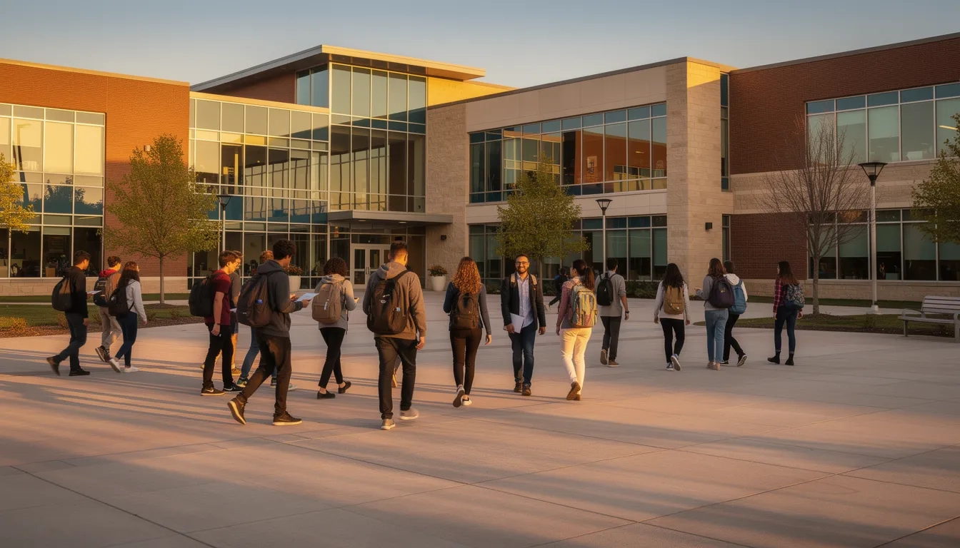 Students walking across a shared high school and college campus representing early college programs