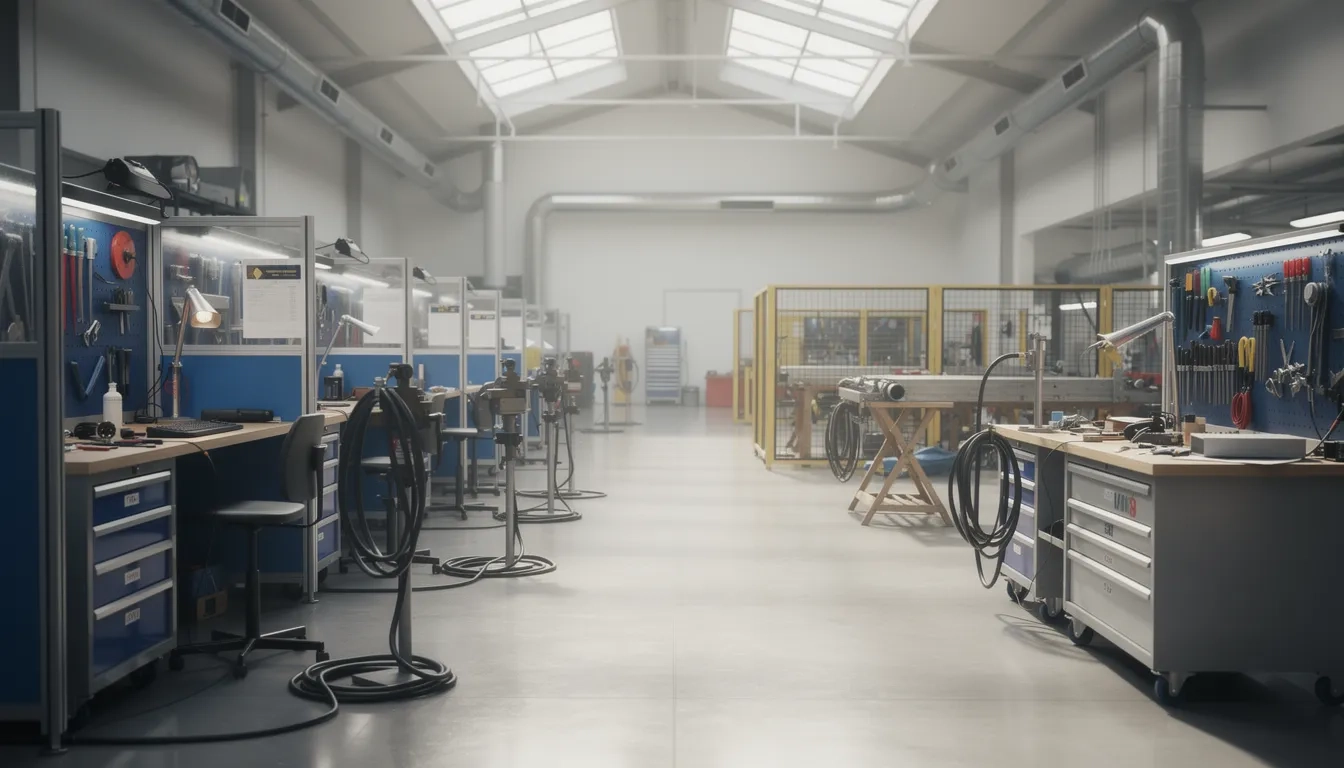Bright vocational workshop with welding booths