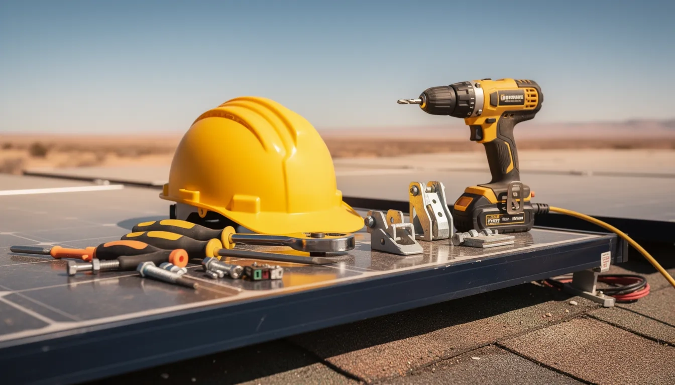 Solar panel installation tools and a hard hat on a rooftop