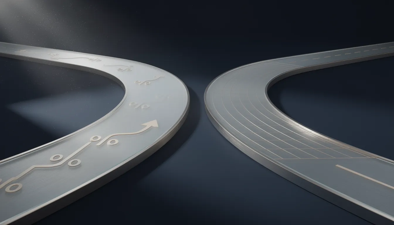 Abstract 3D render of two diverging metallic paths symbolizing a financial decision between two funding options