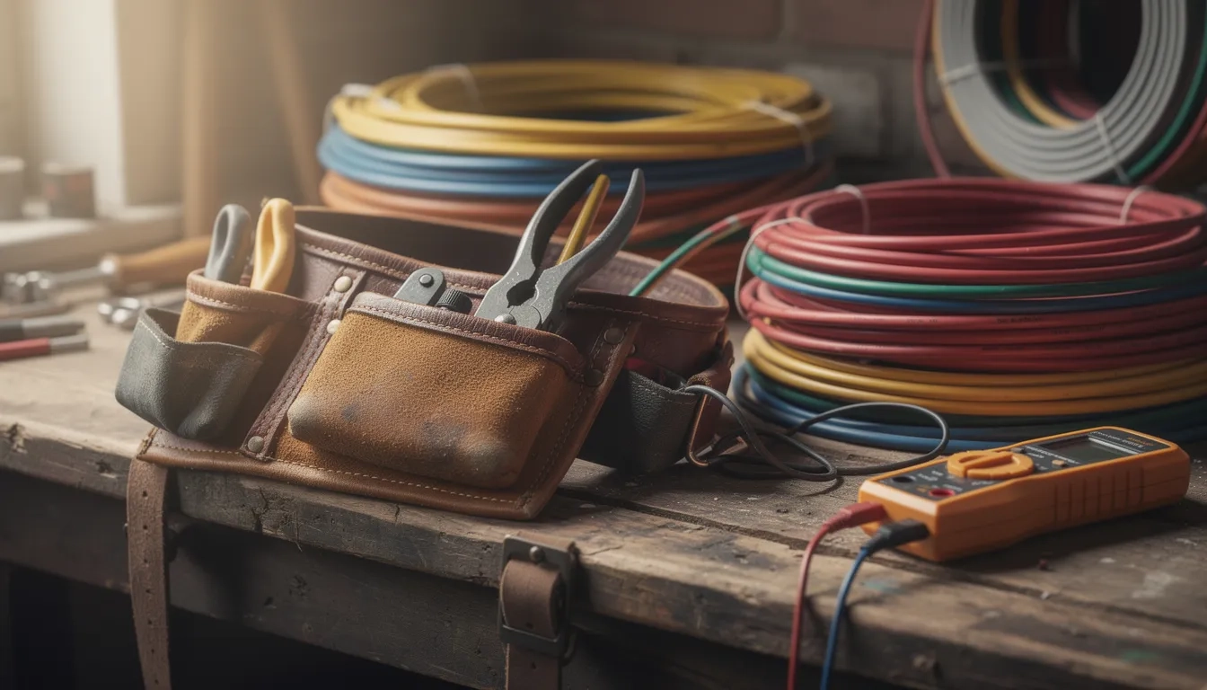 Electrician's tool belt and wire strippers on a workbench