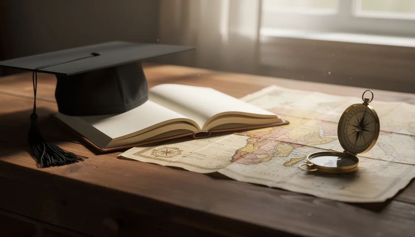 A graduation cap and compass resting on a desk with a map