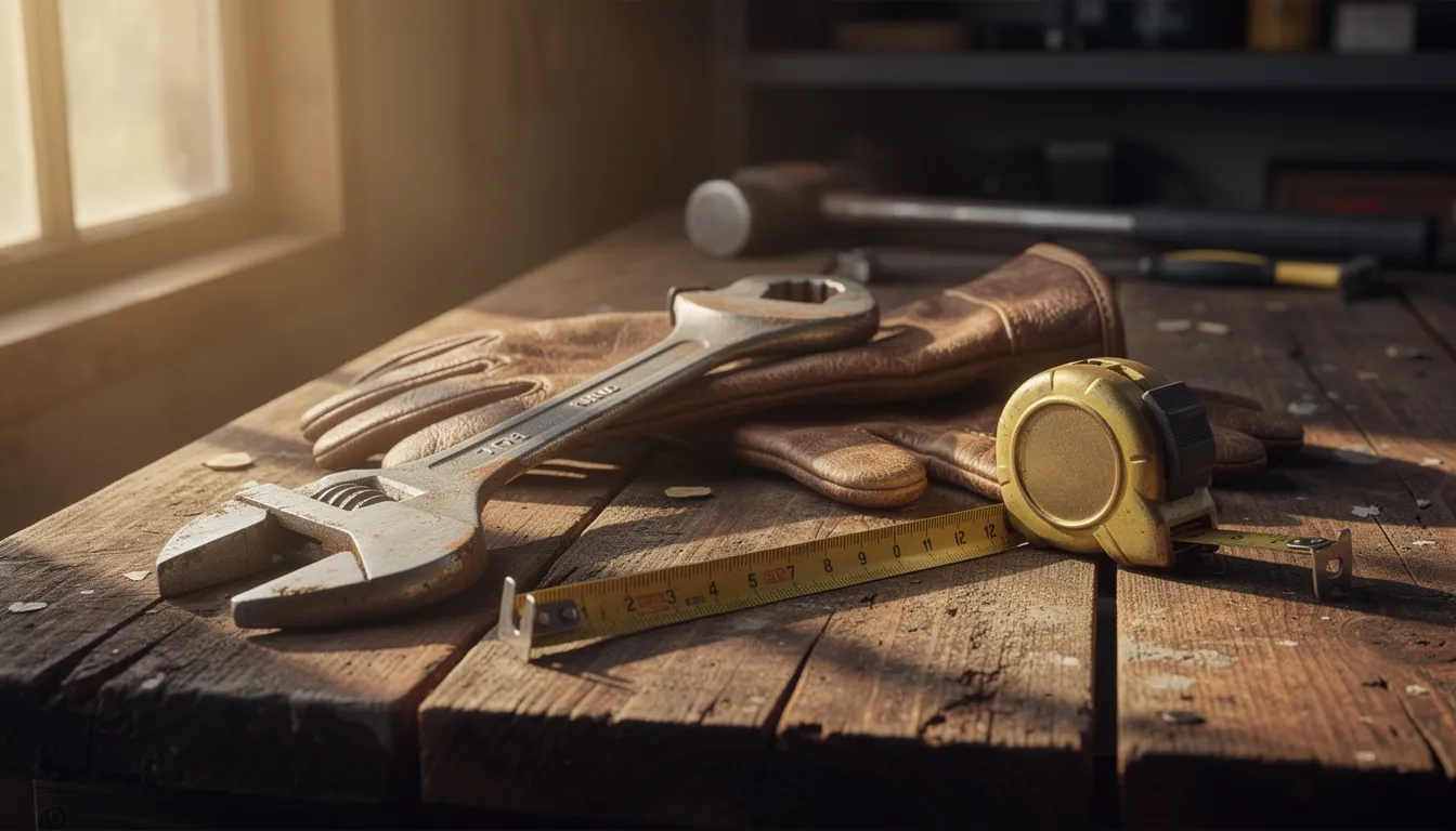 Tradesperson's tools resting on a wooden workbench in warm light