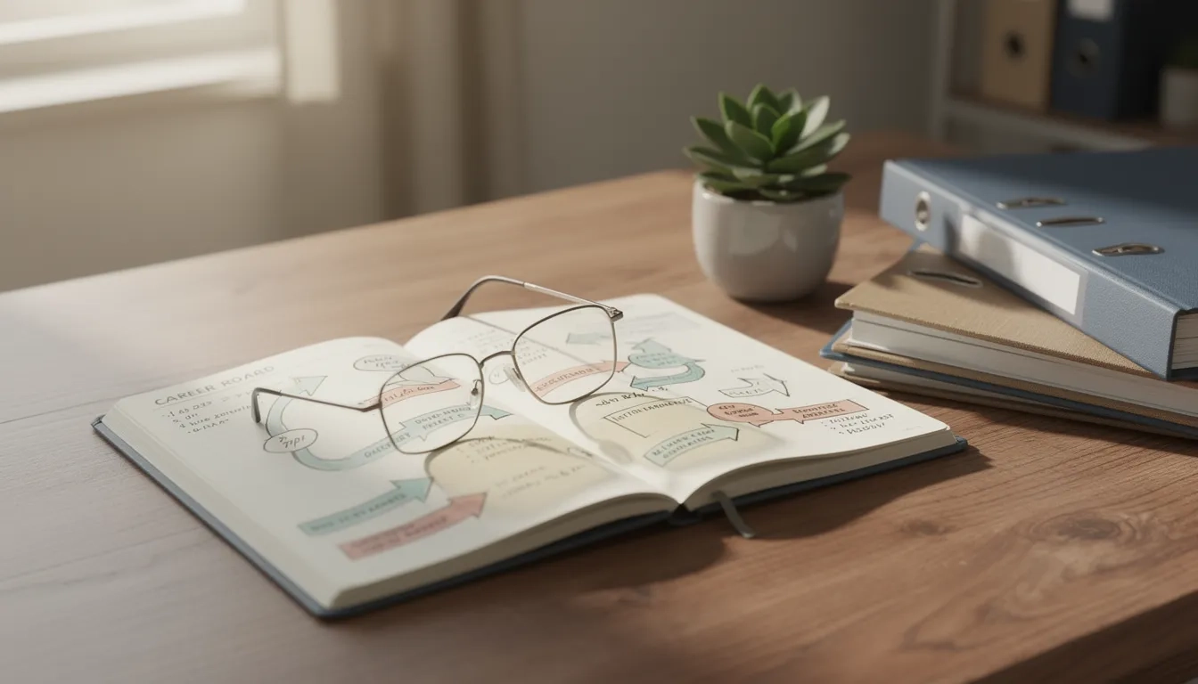 Desk scene with a planner and folders representing a structured career and training roadmap