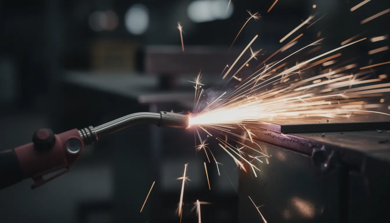Bright welding sparks flying from a MIG welding torch