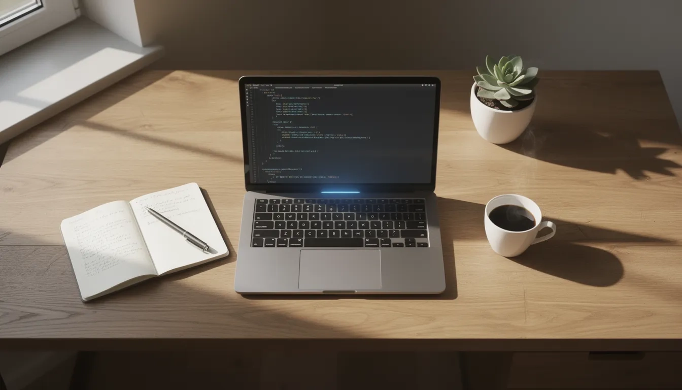 A softly lit workspace with a laptop showing code, coffee, and notebook, symbolizing the coding bootcamp learning journey