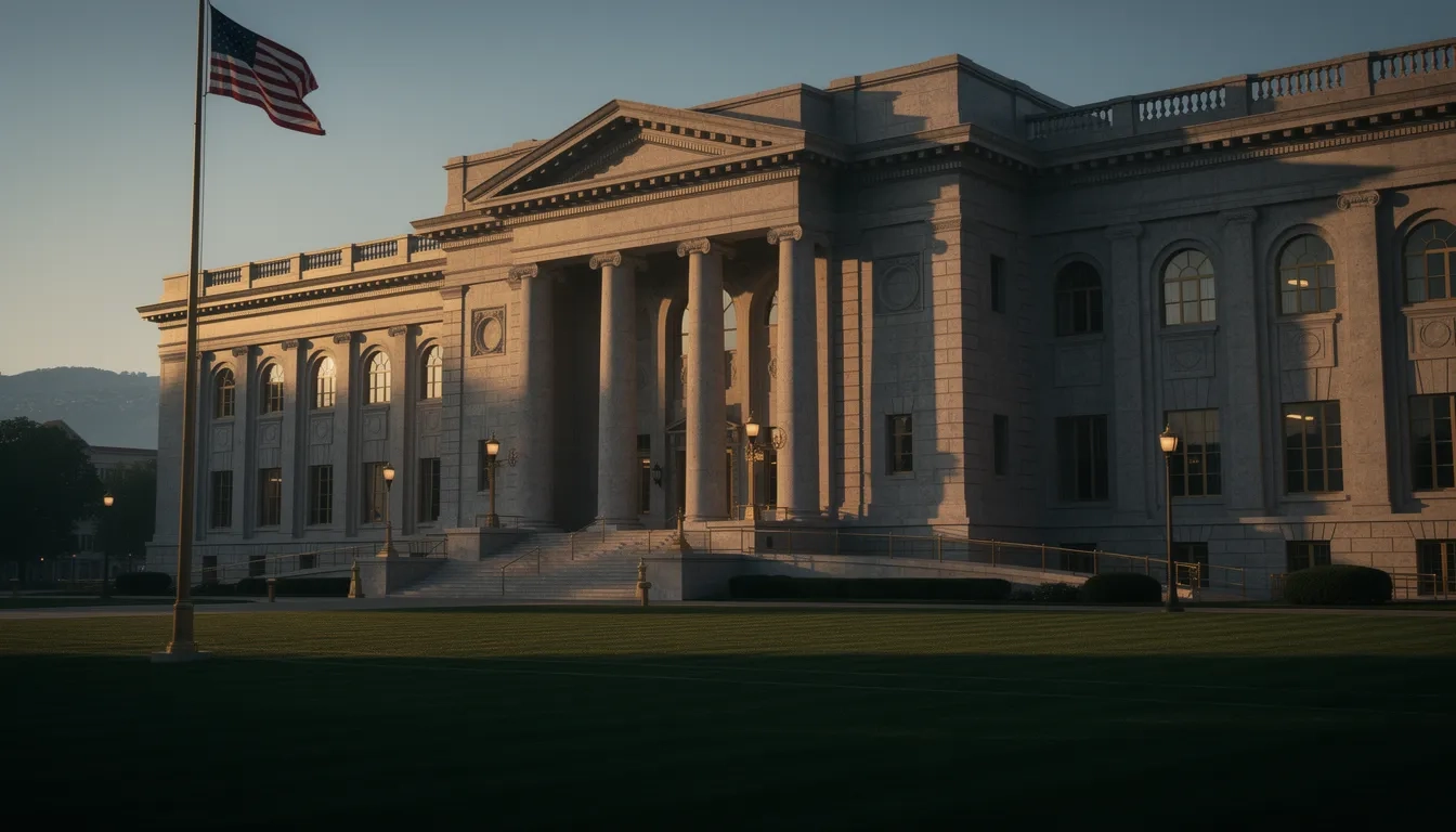 Historic stone military academy building bathed in golden light